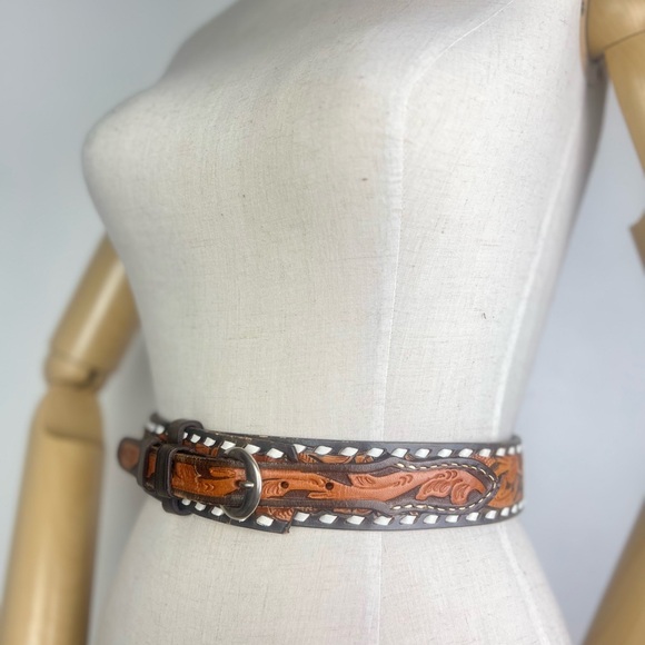 TOOLED MORNING GLORY Floral 70’s Vintage Leather Western Boho Belt 24-27 Waist S